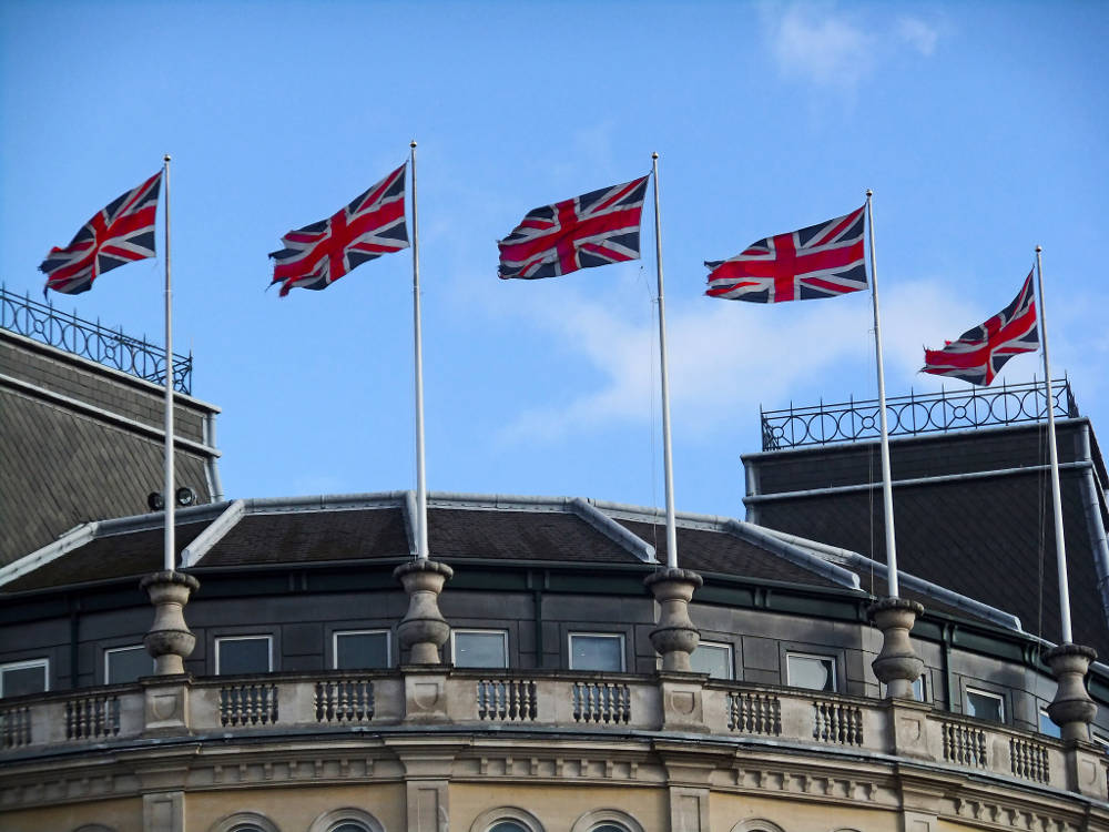 Flags on Trafalgar Square Grand Buildings